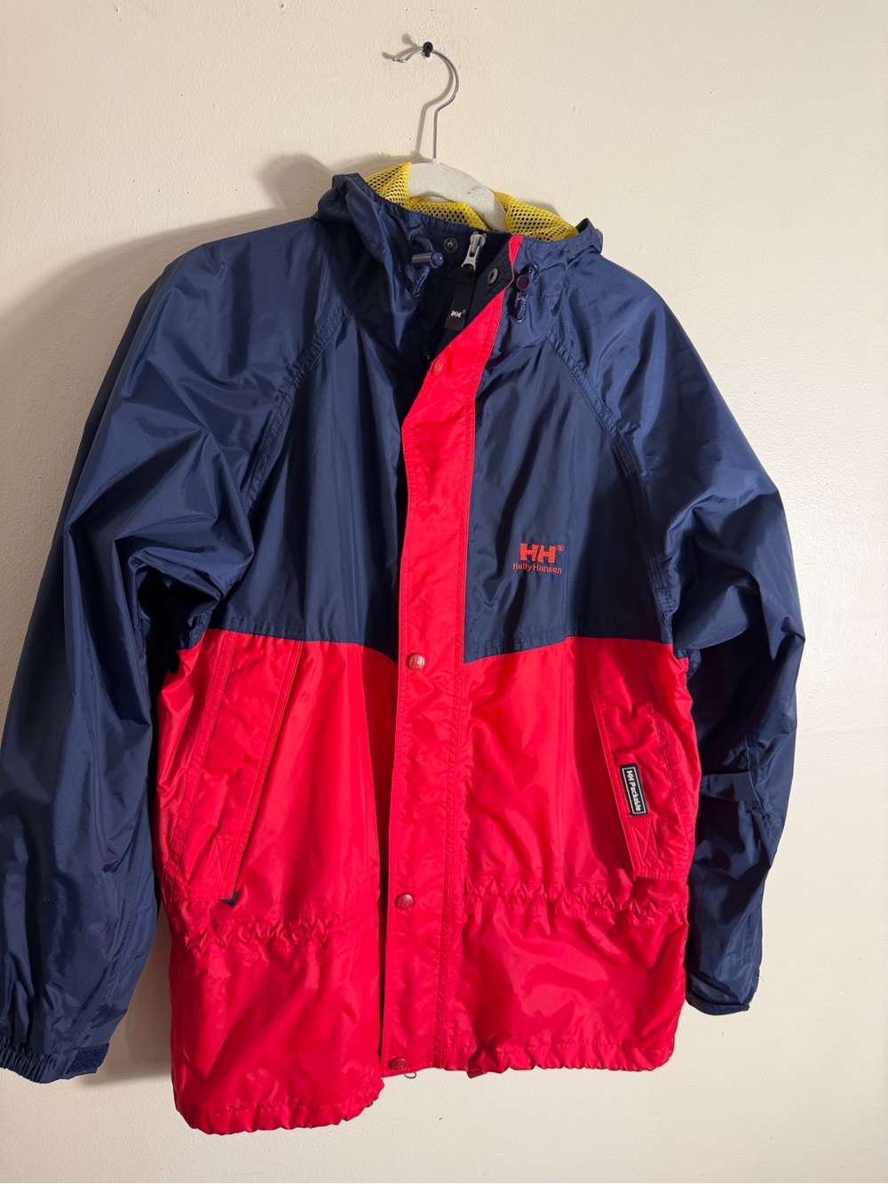 Vng Helly Hansen Rain Wind Jacket Mens Sz S-M Red Blue Packable Hooded Outdoors